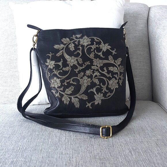 Black Milo Leather Crossbody Bag with Grey Leather Floral Appliques - Picture 1 of 8